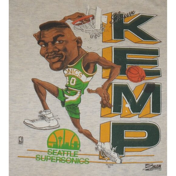 Vintage 1991 Shawn Kemp Salem Caricature Single Stitch T-Shirt Men's XL Sonics - Picture 2 of 10